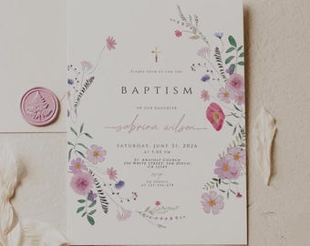 May include: Baptism invitation with floral accents. The invitation features the text "Baptism of our daughter Sabrina Wilson" and event details. A pink wax seal and envelope are also visible.