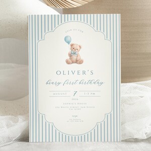 Vintage teddy bear boy first birthday party invitation blue beary first theme digital download printable card