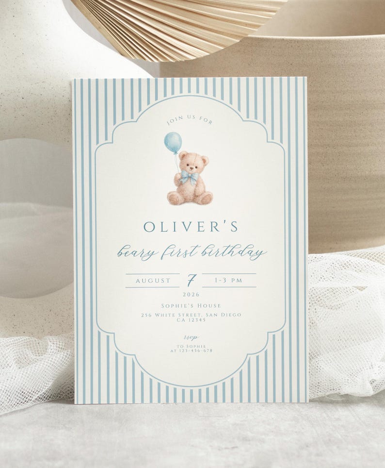 Vintage teddy bear boy first birthday party invitation blue beary first theme digital download printable card