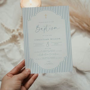 minimalist baptism invitation with blue cross detail