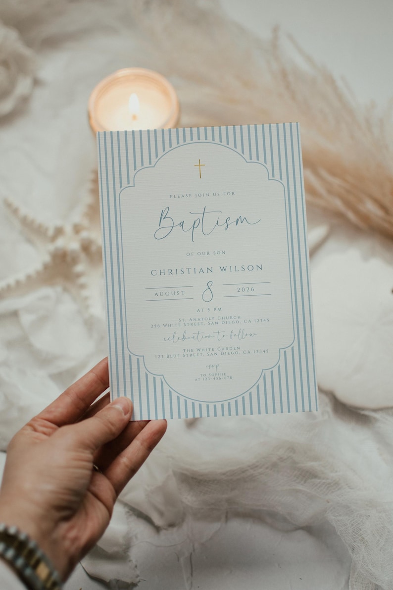 minimalist baptism invitation with blue cross detail