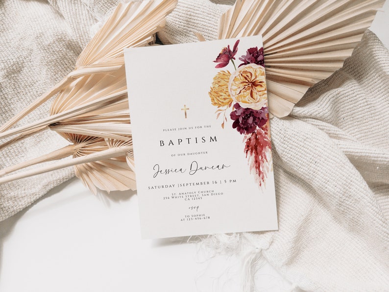 Boho Fall Baptism Invitation Template, Burgundy Orange Floral Baptism Invitation, INSTANT DOWNLOAD, Editable Terracotta Christening Invites image 2