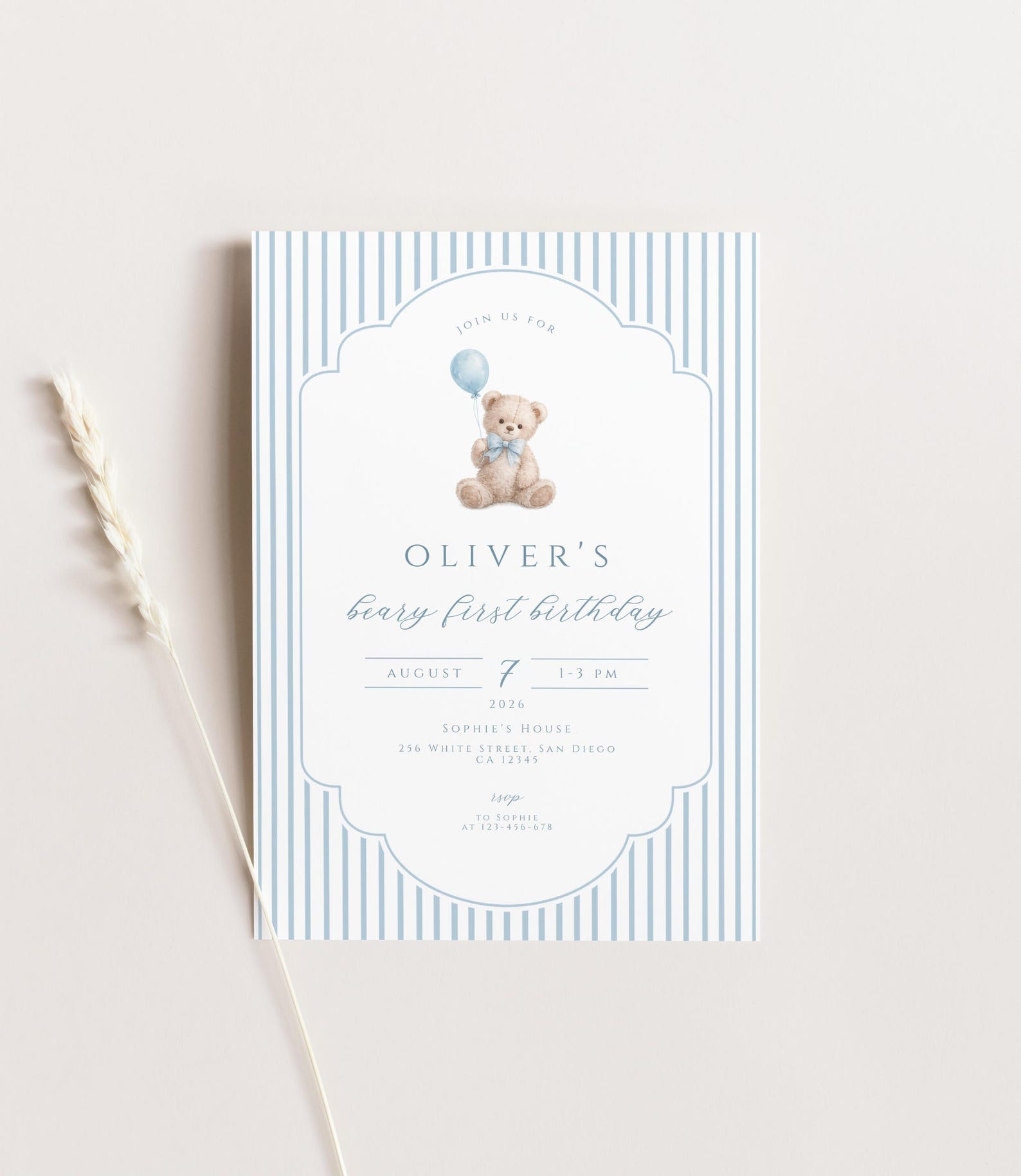 Beary First Birthday Invitation Template Blue Teddy Bear Boy 1st ...