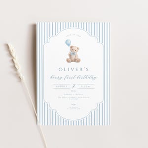 Teddy bear first birthday invitation for baby boy blue beary first birthday printable editable invitation template