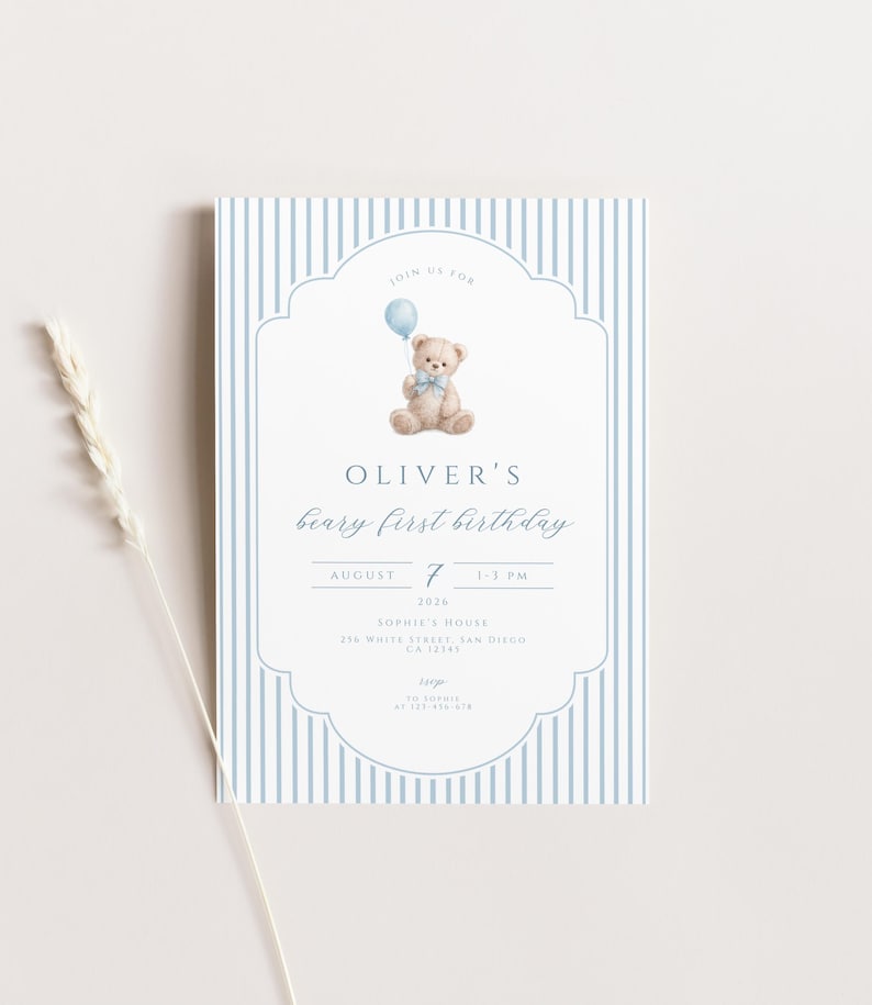 Teddy bear first birthday invitation for baby boy blue beary first birthday printable editable invitation template
