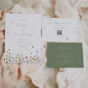 May include: Wedding invitation suite with a floral design. The invitation card features the names Olivia and Nicholas, the date August 26, 2024, and the time 1 o'clock in the afternoon. The RSVP card includes a QR code and the website www.oliviaandnicholas.com. The details card is green and includes the text "Details" and information about accommodations and the website.