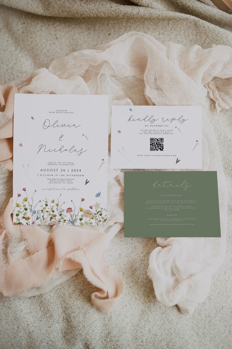 May include: Wedding invitation suite with a floral design. The invitation card features the names Olivia and Nicholas, the date August 26, 2024, and the time 1 o'clock in the afternoon. The RSVP card includes a QR code and the website www.oliviaandnicholas.com. The details card is green and includes the text "Details" and information about accommodations and the website.