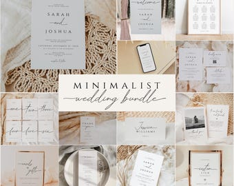 Könnte beinhalten: Eine Sammlung minimalistischer Hochzeits-Papeterie, darunter Einladungen, Willkommensschilder, Tischkarten und Beschilderungen. Die Designs zeichnen sich durch elegante Typografie und eine neutrale Farbpalette aus, perfekt für eine moderne Hochzeit. Der Text enthält Namen, Daten und Sätze wie "Willkommen".