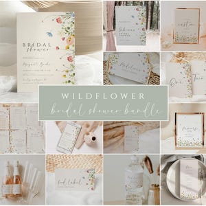 May include: A collection of printable bridal shower invitations, signage, and decorations featuring a watercolor wildflower design. The set includes a welcome sign, food labels, water bottle labels, and more.
