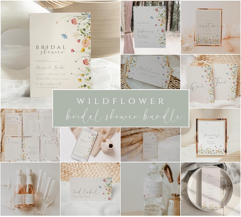 May include: A collection of printable bridal shower invitations, signage, and decorations featuring a watercolor wildflower design. The set includes a welcome sign, food labels, water bottle labels, and more.