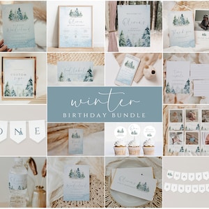 Winter Onederland Invitation Bundle, Winter Snowflake 1st Birthday Bundle, Christmas Birthday Party Package, Editable Invite Set Download