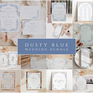 Dusty Blue Wedding Invitation Bundle, Wedding Invitation Package, Vintage Floral Wedding Invitation Suite Template, Victorian Wedding Kit