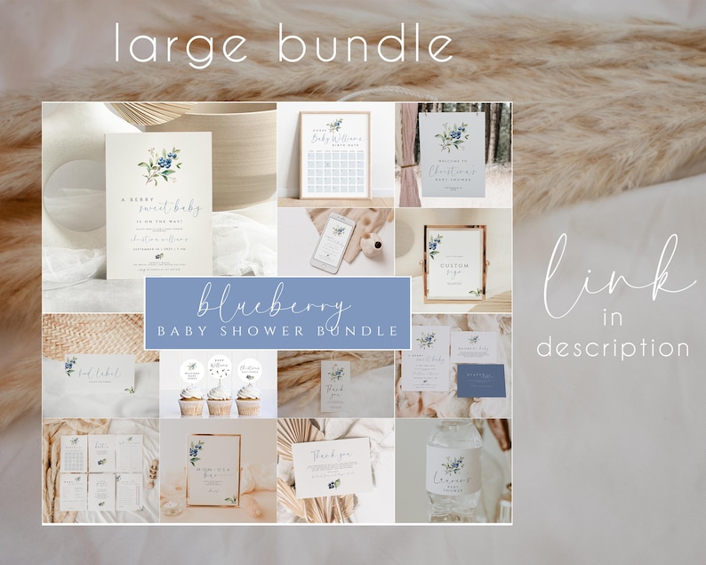 Może przedstawiać: Duży pakiet drukowanych dekoracji na baby shower w stylu bor&oacute;wkowym. Pakiet zawiera r&oacute;żne elementy, takie jak tablica powitalna, gra na baby shower, etykieta na jedzenie, kartka z podziękowaniami i etykieta na upominek. Dekoracje są w jasnoniebieskiej i białej kolorystyce z akwarelowymi ilustracjami bor&oacute;wek.