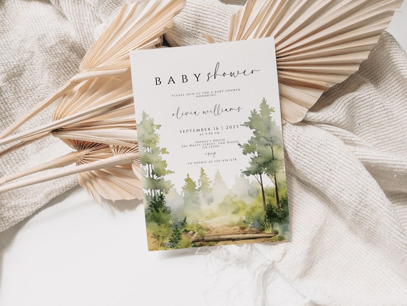 Pine Tree, Forest Baby Shower Invitation Template Set, Woodland Baby