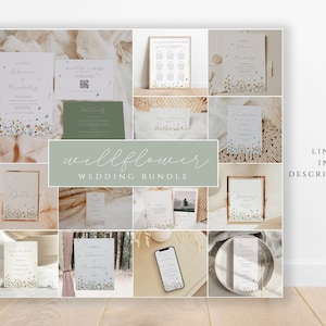 May include: A collage of wedding stationery featuring a wildflower theme. The stationery includes invitations, save the dates, RSVP cards, and a seating chart. The design features a watercolour illustration of wildflowers in shades of pink, purple, and green.