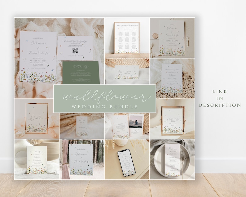 May include: A collage of wedding stationery featuring a wildflower theme. The stationery includes invitations, save the dates, RSVP cards, and a seating chart. The design features a watercolour illustration of wildflowers in shades of pink, purple, and green.