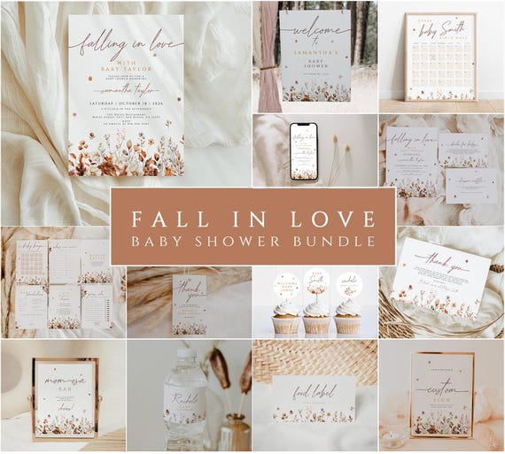 Falling in Love Baby Shower Bundle Fall Baby Shower Invitation Autumn Baby Shower Decorations Editable Games and Signs Template Floral Theme