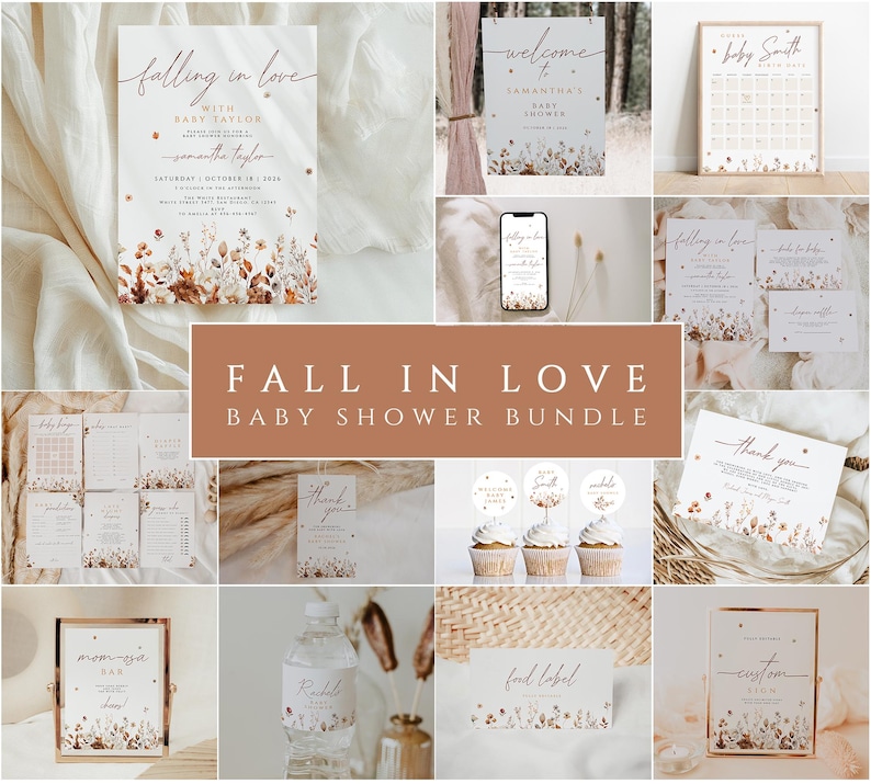 May include: A collection of baby shower stationery with a fall theme. Includes invitations, welcome signs, and cupcake toppers. The text "Fall in Love Baby Shower Bundle" is displayed on a brown banner. Floral and botanical designs are featured throughout.