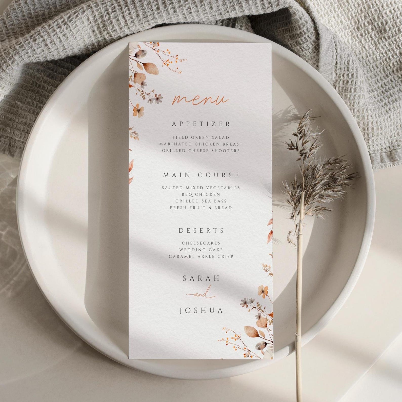 Autumn Wildflower Menu Template Wedding Menu Garden Party Fall Floral ...