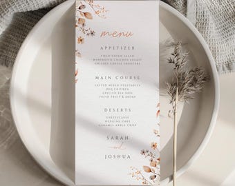 Herfst wilde bloemen menusjabloon bruiloft menu tuinfeest herfst bloemen menukaarten bruids douche menu afdrukbaar bruiloft dinermenu bewerkbaar