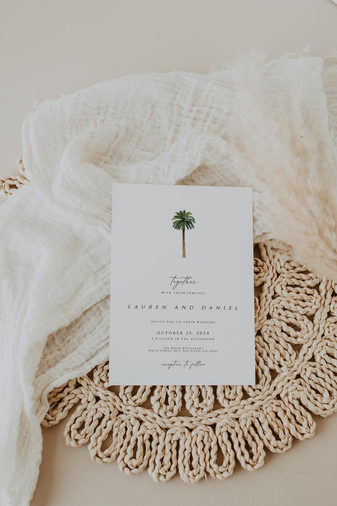 Palm Tree Wedding Invitation Template Set, Printable Wedding Invitation ...