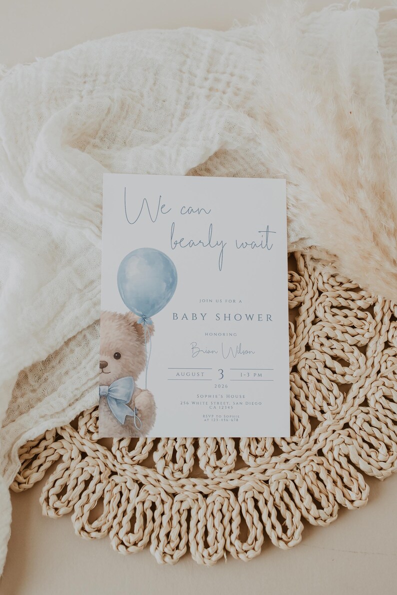 We Can Bearly Wait Baby Shower Invitation Blue Teddy Bear Boy Baby ...