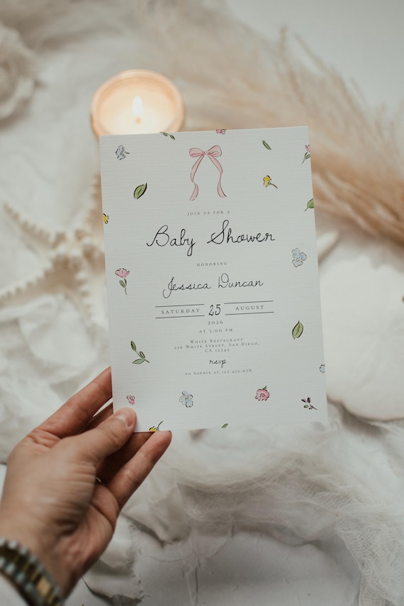 Vintage Floral Baby Shower Invitation Template Neutral Boho Girl Baby Shower Invite Hand Drawn Chinoiserie Pink and Green Printable Digital