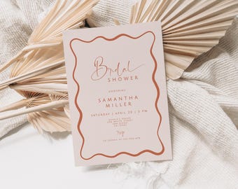Minimal Boho Bridal Shower Invitation, Wavy Border Bridal Shower Invite, Retro Bridal Shower, Editable Template, Wedding Shower, Instant