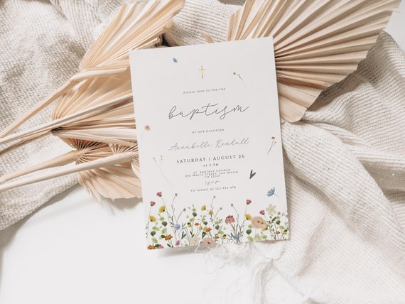 Wildflower Baptism Invitation Template, Editable Baptism Invite, Boho Floral Baptism Invitation, Girl Baptism Invite, Christening, Templett