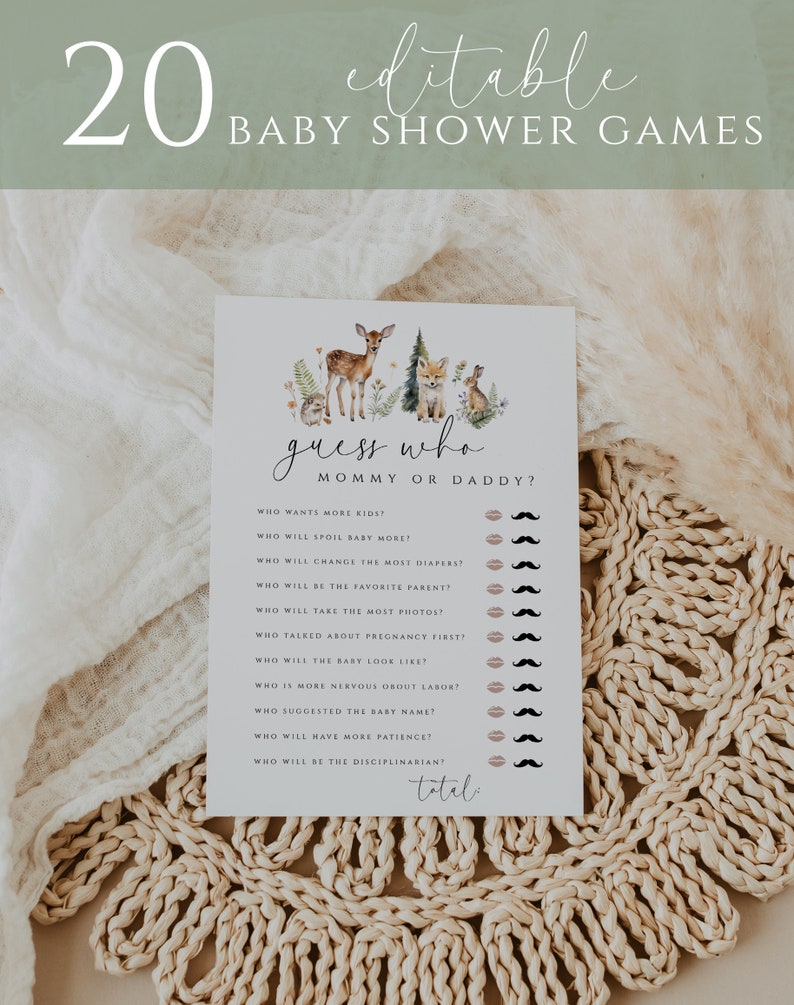 Inbjudningspaket med skogsdjur, babyshowerlekar, utskrivbara dekorationer, redigerbar mall, skogsdjur, babyshower bild 4