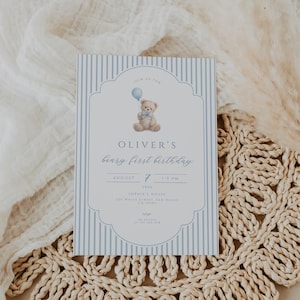 Beary first birthday invitation with blue teddy bear design for boy 1st birthday vintage style printable digital invite