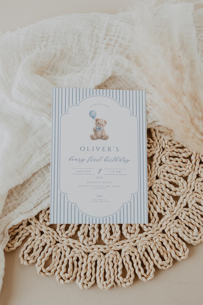 Beary first birthday invitation with blue teddy bear design for boy 1st birthday vintage style printable digital invite