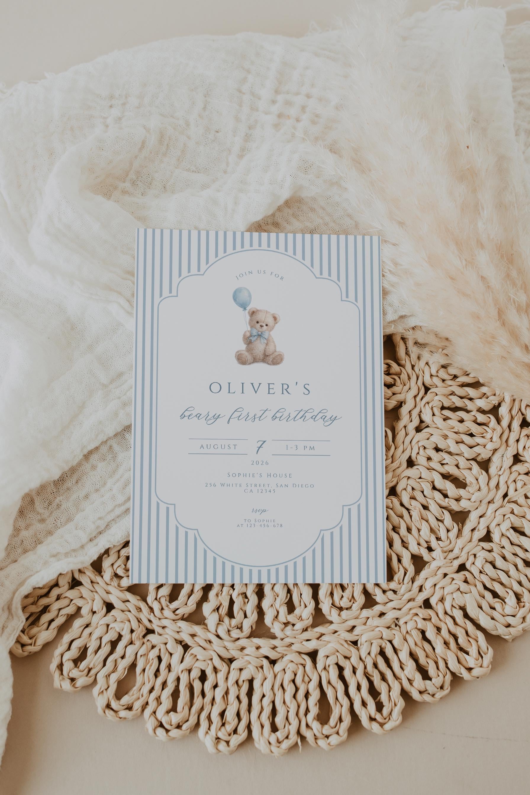 Beary First Birthday Invitation Template Blue Teddy Bear Boy 1st ...