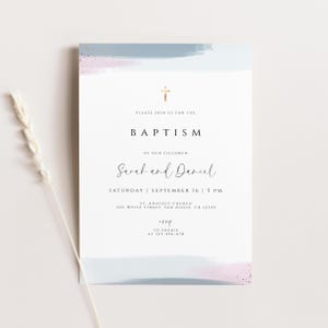 Pink Blue Gold Twins Baptism Invitation Template Editable Boy Girl Christening Invitation Watercolor Twins Baptism Invite Digital Download