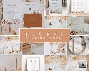 May include: A collection of wedding stationery featuring a floral theme. The stationery includes invitations, save the dates, menus, table numbers, and more. The floral designs are in shades of brown and white.