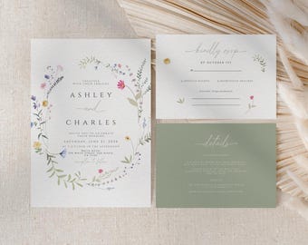 Op de afbeelding: Trouwuitnodigingsset met een bloemenkransontwerp. De uitnodiging toont de namen "Ashley en Charles", met RSVP- en detailkaarten. De set is gedrukt op getextureerd papier met een zachte, neutrale achtergrond.