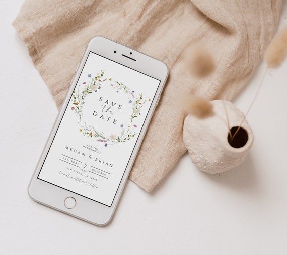 Wildflower Electronic Save the Date Template, Save the date Evite, Digital save the Date Text, Boho Floral Save the Date Mobile Phone Invite