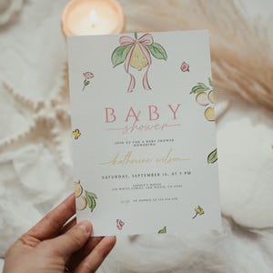 Bearbeitbare Rosa Zitrone-Babypartyeinladung Blumenzitronen-Thema Druckbare Babyparty-Einladungsvorlage für Mädchen-Sofort-Download-Baby einladen