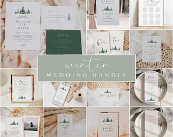 Winter Wedding Bundle Template Christmas Wedding Invitation Bundle Wedding Kit Holiday Wedding Invitation Package Pine Wedding Editable