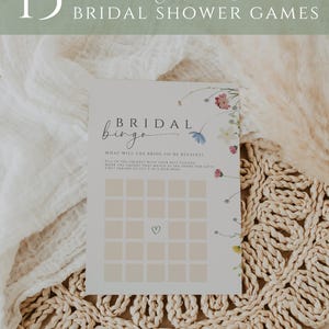May include: A printable bridal shower game card with a floral design. The card has a bingo grid with the text "What will the bride-to-be receive?" and instructions to mark the squares as the bride opens her gifts. The first person to get 5 in a row wins.