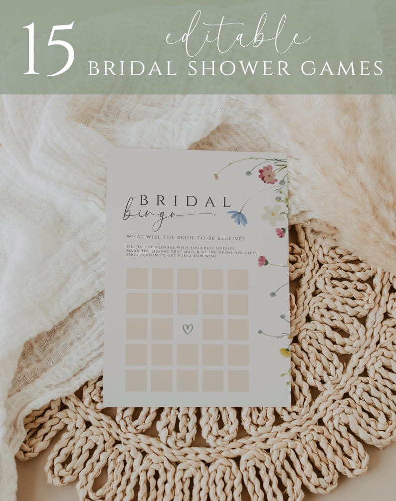 May include: A printable bridal shower game card with a floral design. The card has a bingo grid with the text "What will the bride-to-be receive?" and instructions to mark the squares as the bride opens her gifts. The first person to get 5 in a row wins.