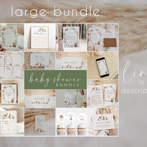 May include: A collection of baby shower stationery items with woodland animal illustrations. The bundle includes invitations, signs, labels, and cupcake toppers. The words "large bundle" and "baby shower bundle" are visible.