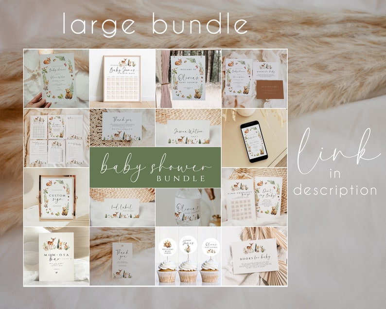 May include: A collection of baby shower stationery items with woodland animal illustrations. The bundle includes invitations, signs, labels, and cupcake toppers. The words "large bundle" and "baby shower bundle" are visible.