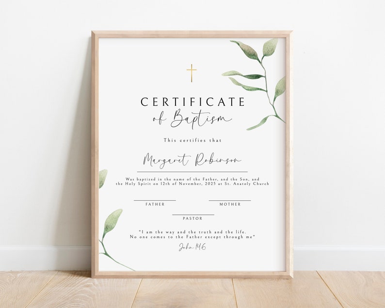 Greenery Certificate of Baptism Template, Baptism Certificate