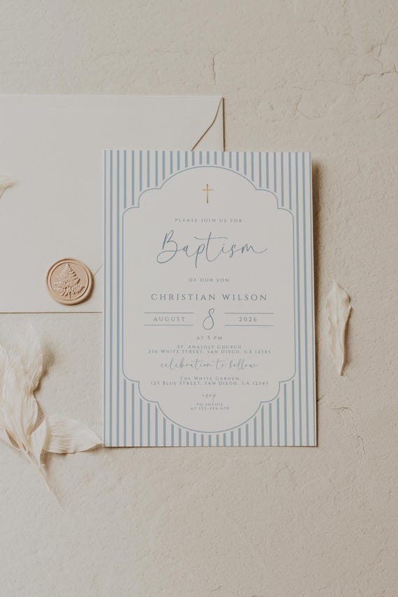 Boy Baptism Invitation Template Blue and Gold Cross Christening Invite Minimalist Baptism Card Modern  Stripe Editable Digital Download