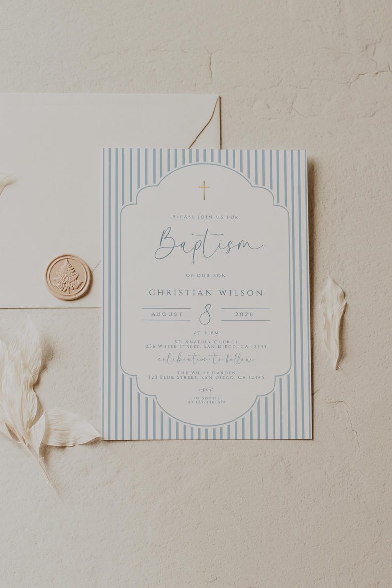 boy baptism invitation template with blue cross minimalist design