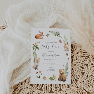 Inbjudningspaket med skogsdjur, babyshowerlekar, utskrivbara dekorationer, redigerbar mall, skogsdjur, babyshower bild 2