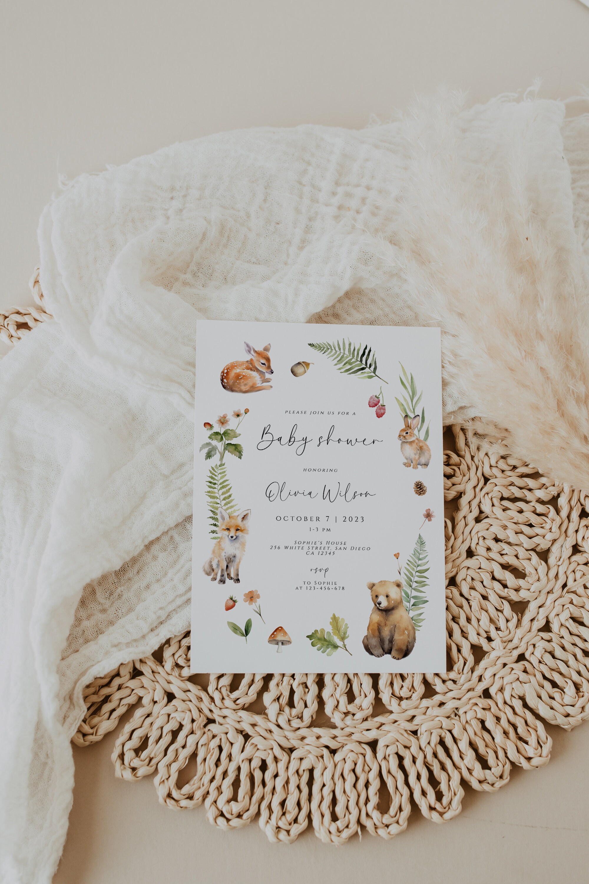 Woodland Baby Shower Invitation Template, Printable Baby Shower
