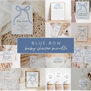 Blue Bow Baby Shower Bundle Template, Blue Boy Baby Shower Invitation Bundle, Baby Shower Decorations, Dusty Blue Baby Shower Games Pack
