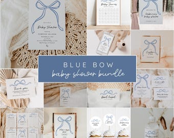 Blue Bow Baby Shower Bundle: Invitation, Games, Decorations (Digital Template)